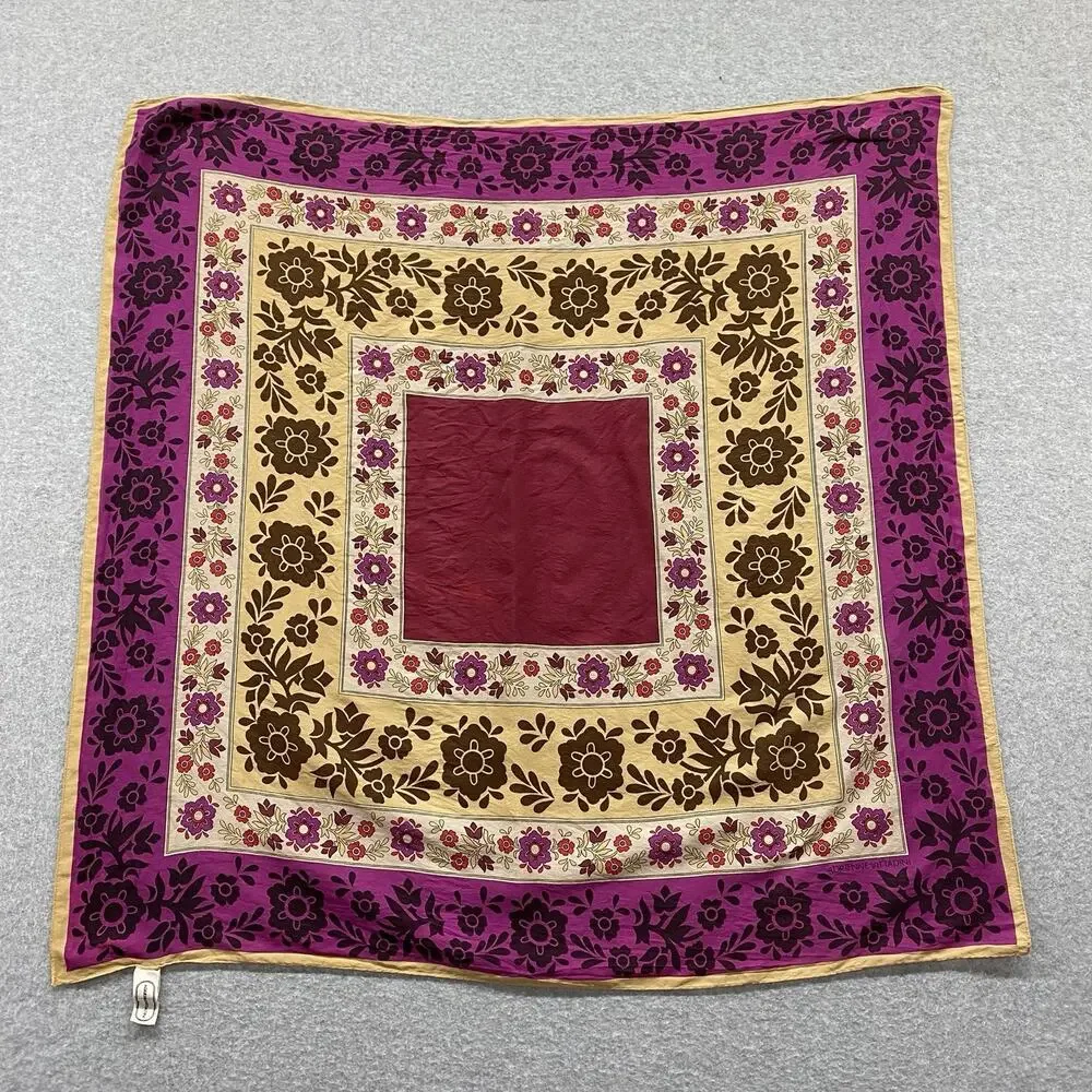 Adrienne Vittadini 100% Silk Scarf 29” Square Floral Boho Burgundy Purple Japan